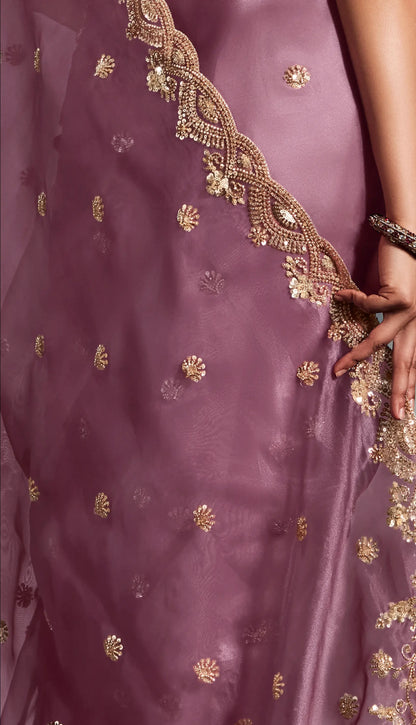 Turkish Rose Organza Tissue Khatli Work Saree