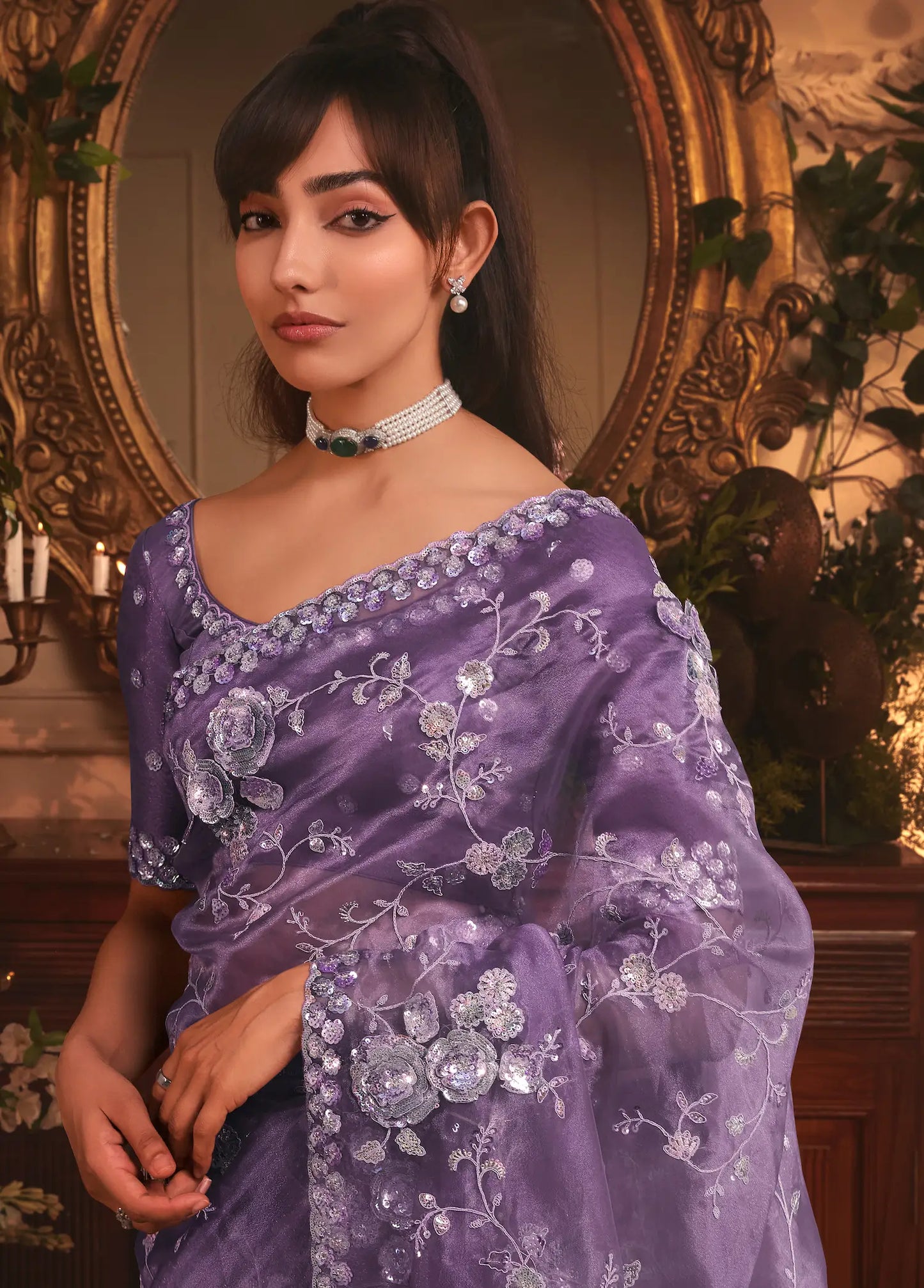 Dark Lilac Tissue Organza Heavy Embroidery Saree