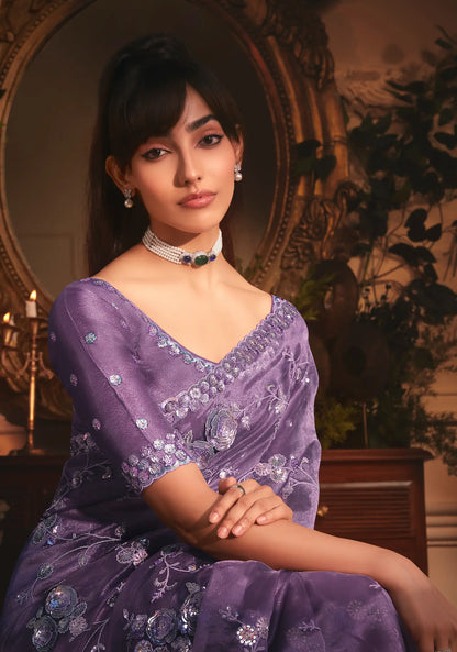 Dark Lilac Tissue Organza Heavy Embroidery Saree