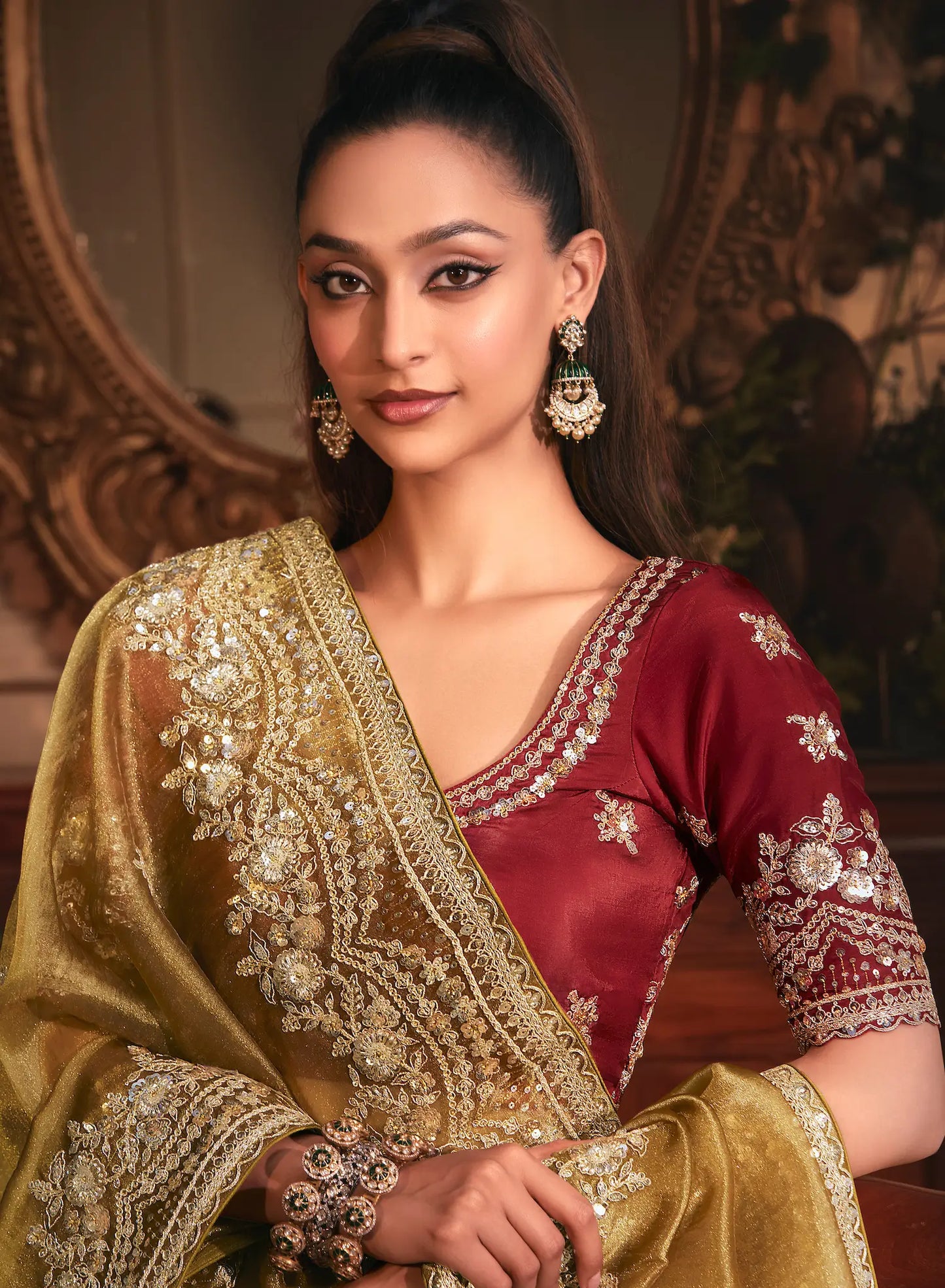 Golden Brown Tissue Organza Heavy Embroidery Saree