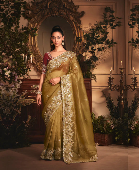 Golden Brown Tissue Organza Heavy Embroidery Saree