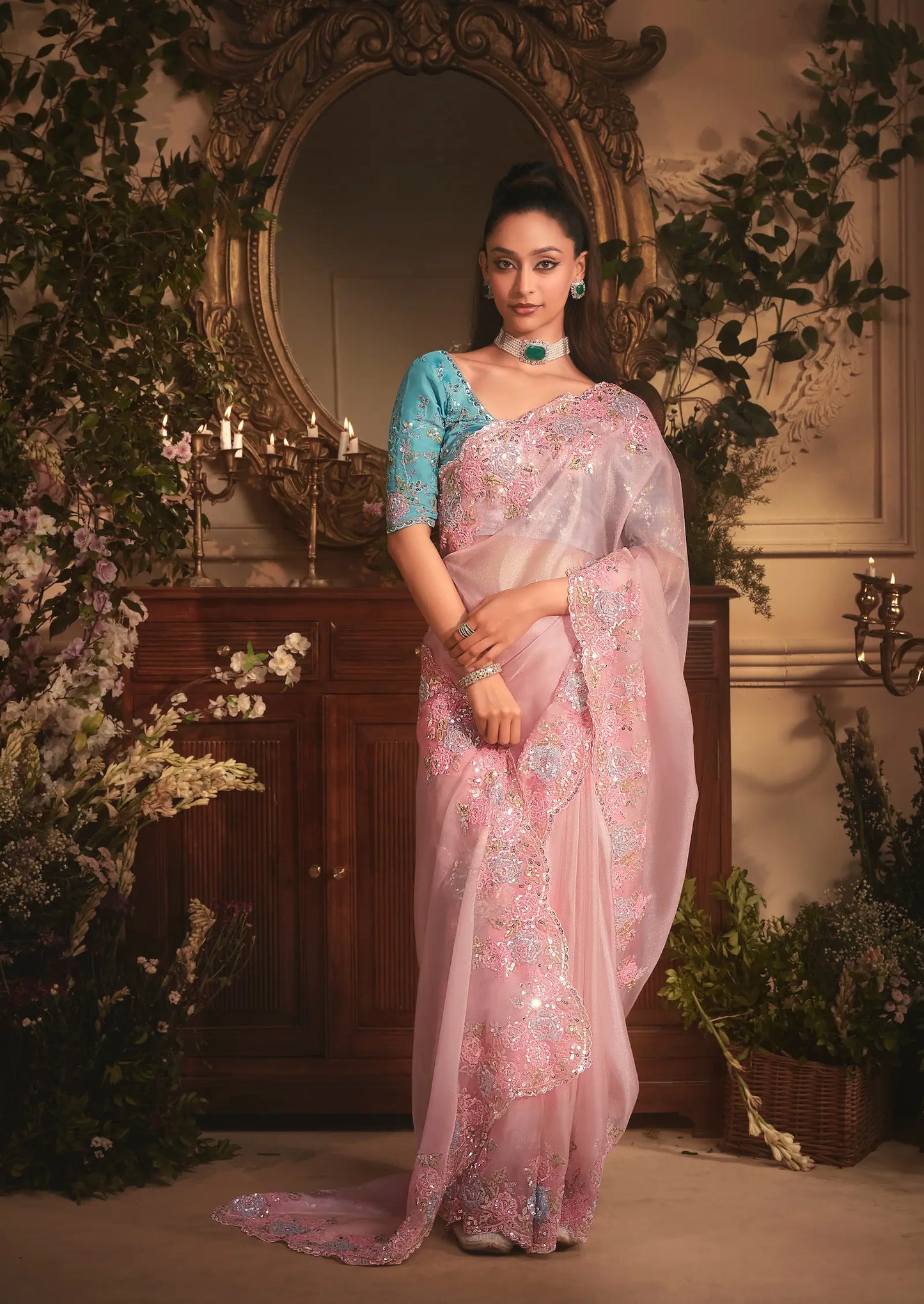 Blush Pink Tissue Organza Heavy Embroidery Saree