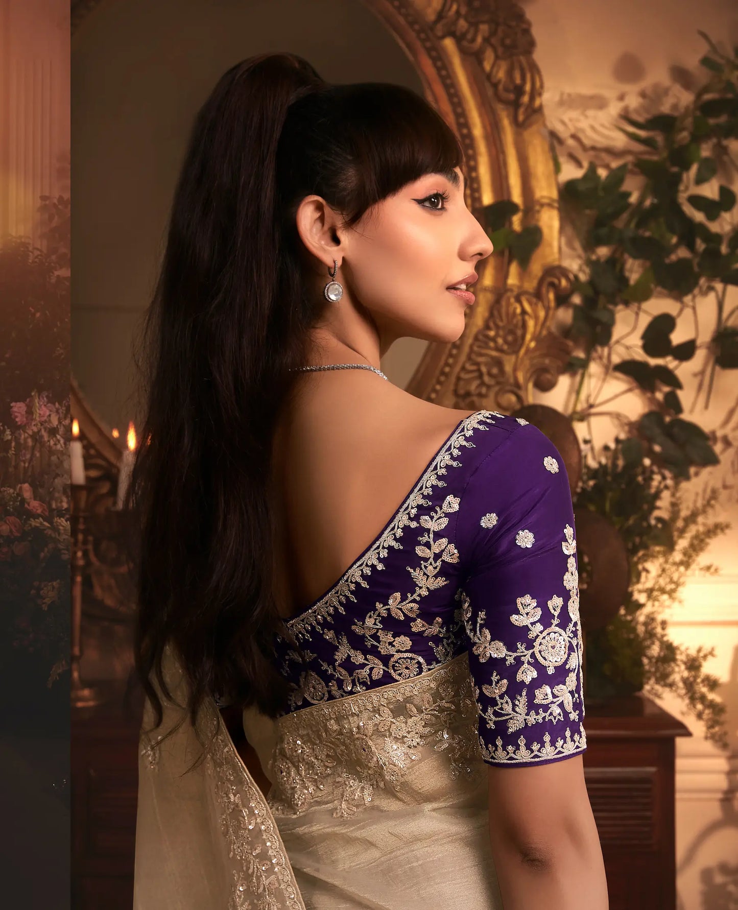 Golden Beige Tissue Organza Heavy Embroidery Saree