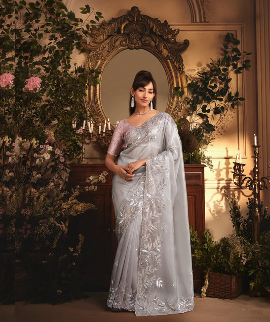 Silver Grey Tissue Organza Heavy Embroidery Saree