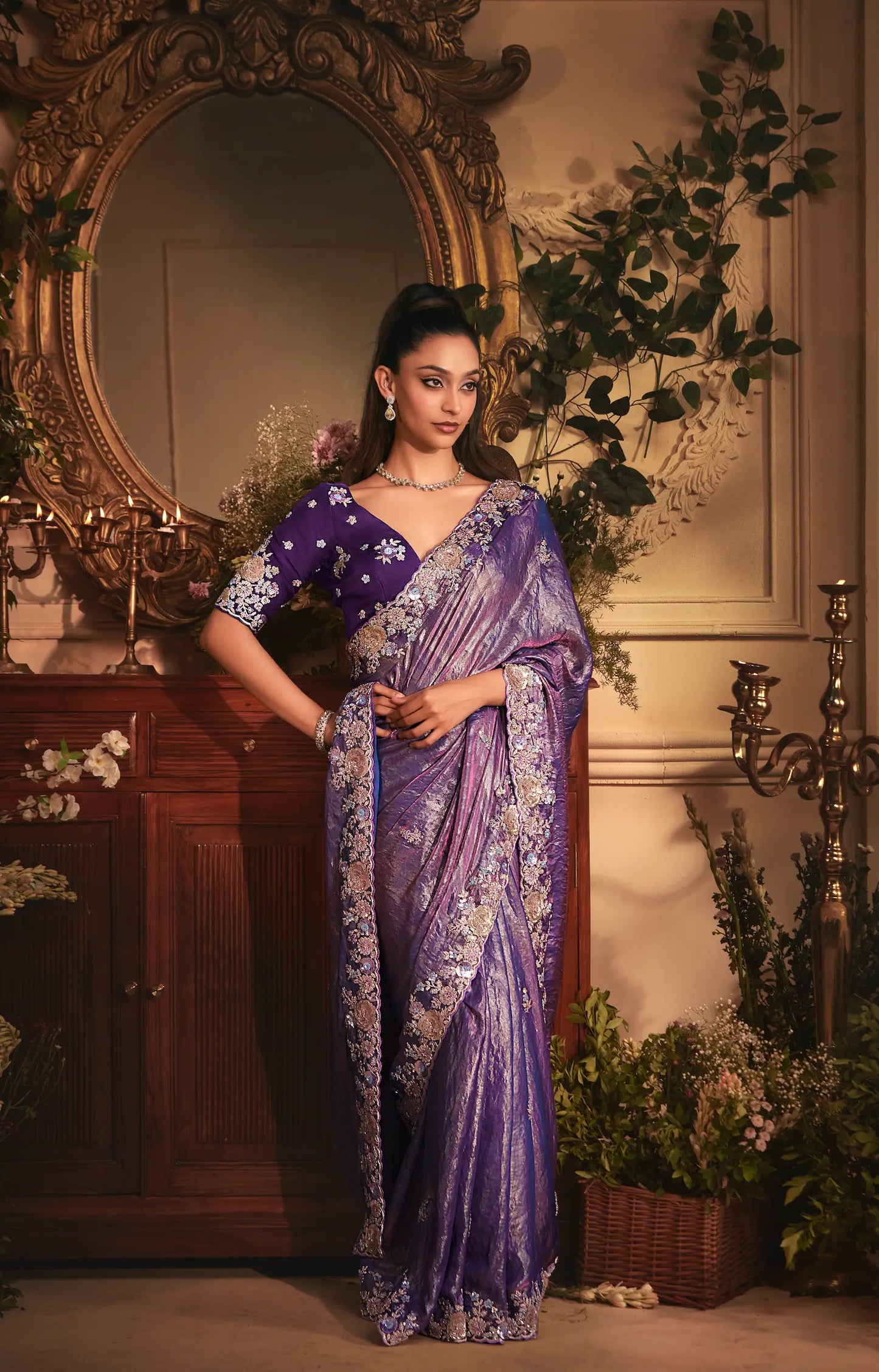 Shaded Purple Tissue Organza Heavy Embroidery Saree