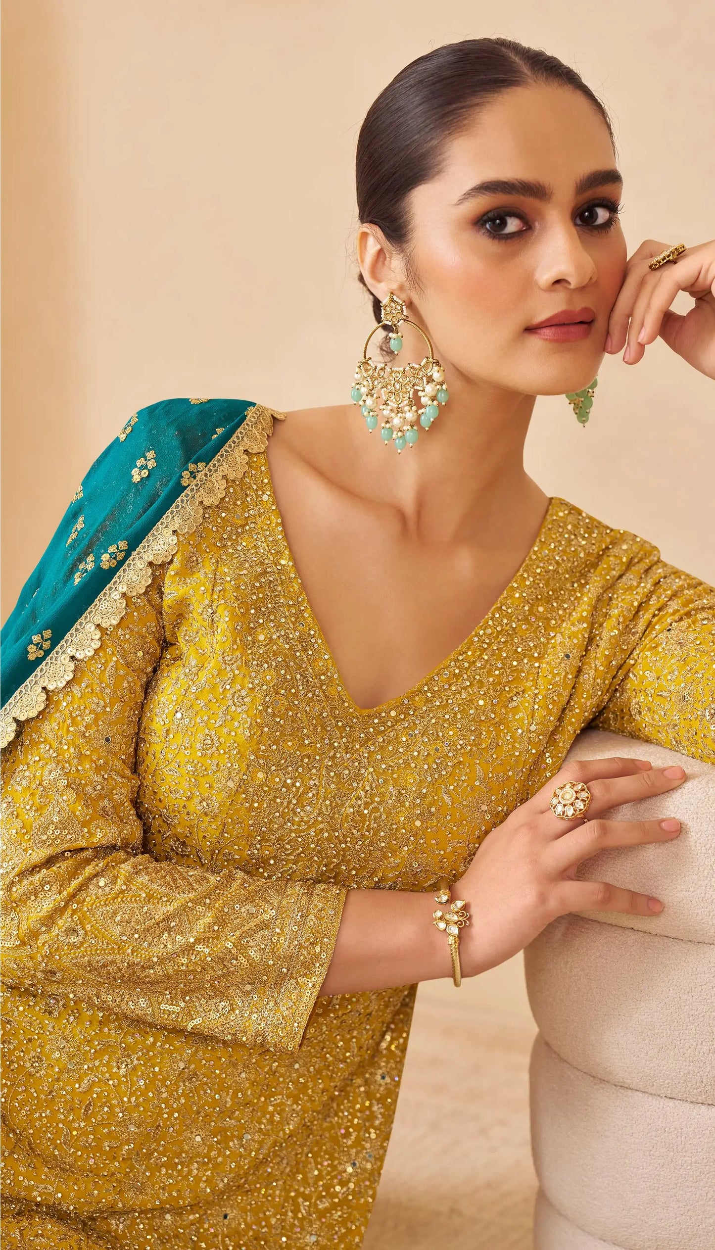 Mustard Yellow Handwork Salwar Palazzo Ensemble