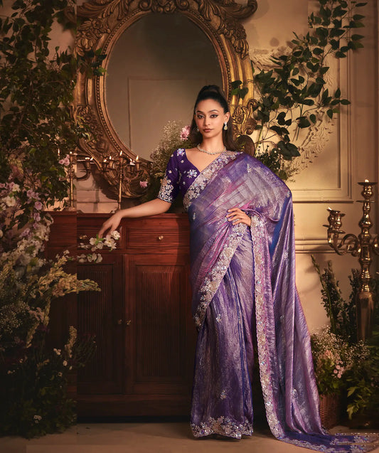 Shaded Purple Tissue Organza Heavy Embroidery Saree