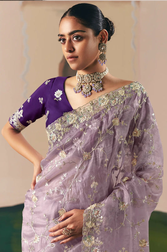 Lavender Fancy Embroidery & Stone Work Saree
