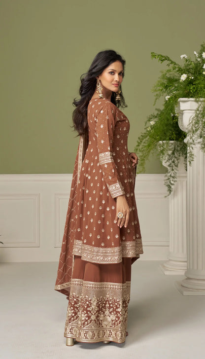 Coffee Brown Hand-Embroidered Salwar Palazzo Set