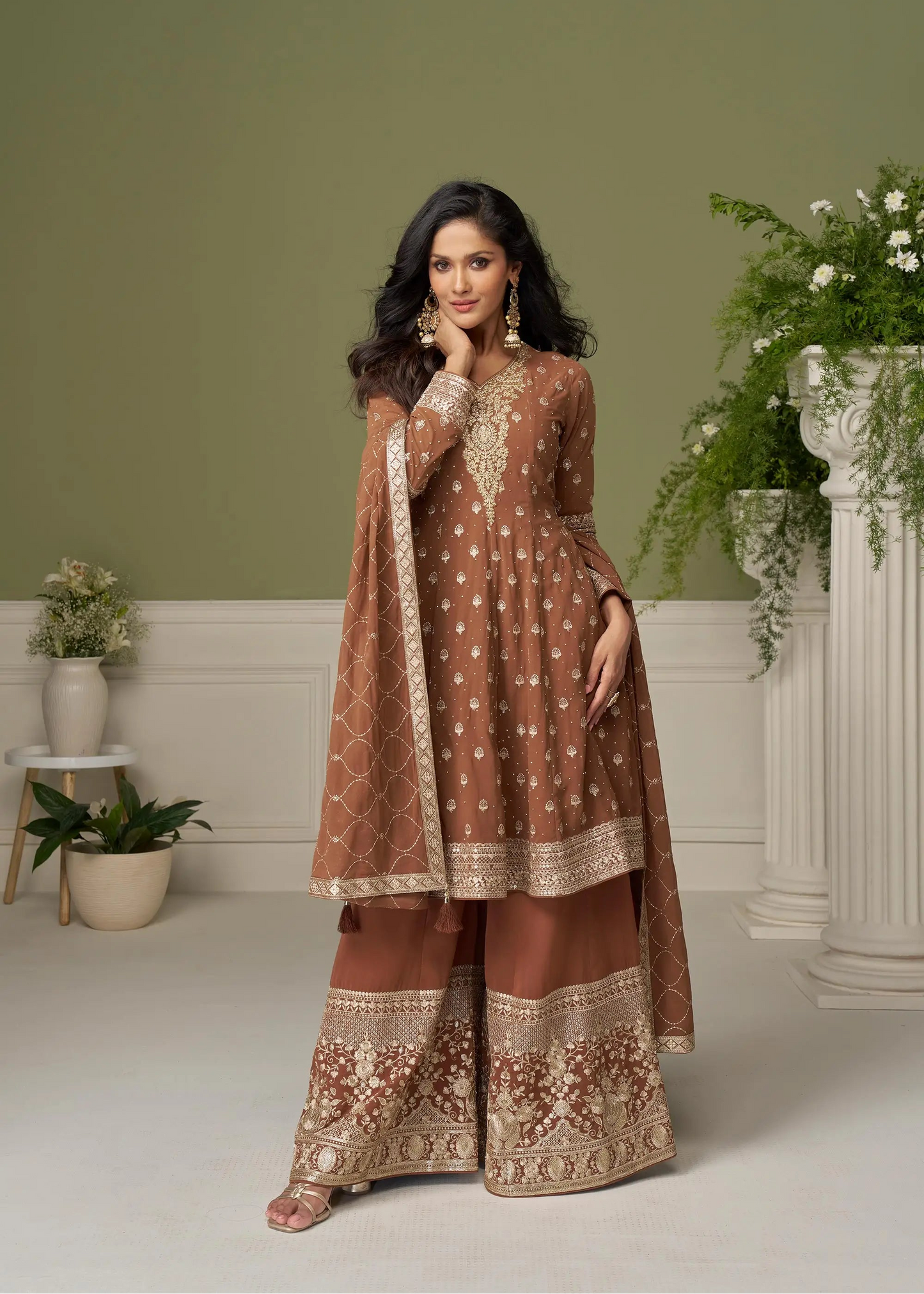 Coffee Brown Hand-Embroidered Salwar Palazzo Set
