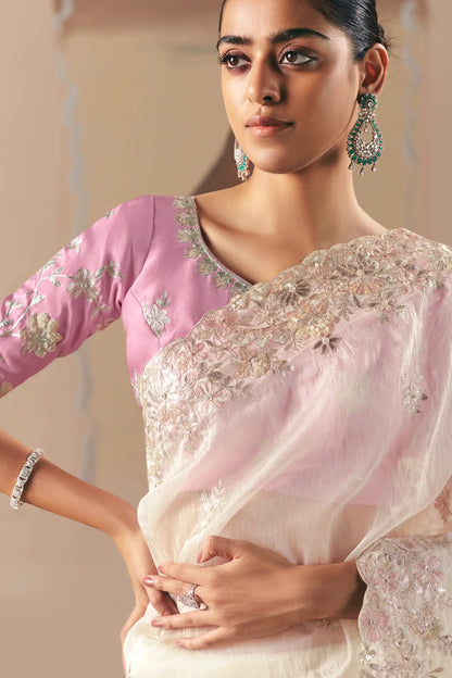 Pearl White Fancy Embroidery & Stone Work Saree