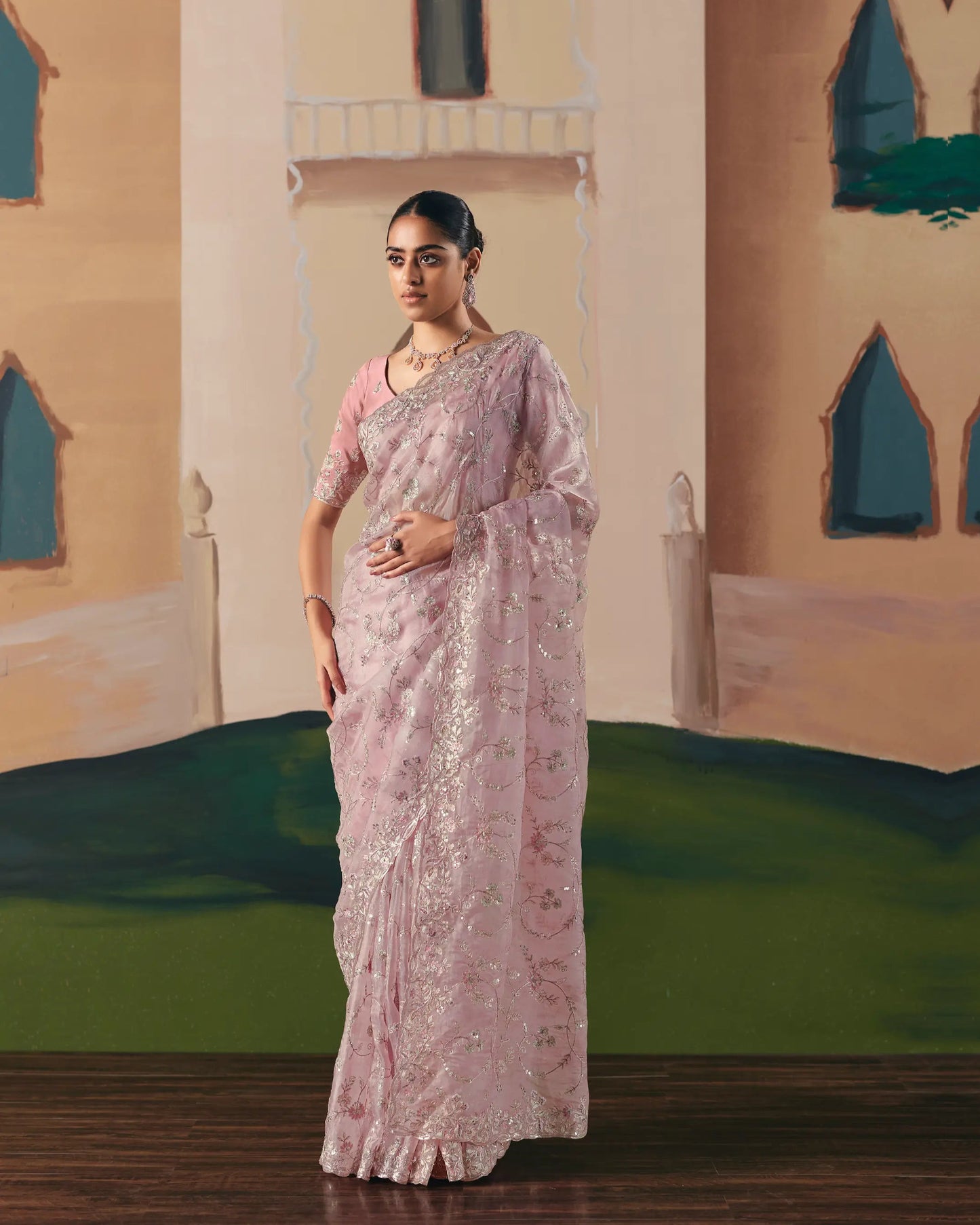 Daisy Pink Fancy Embroidery & Stone Work Saree