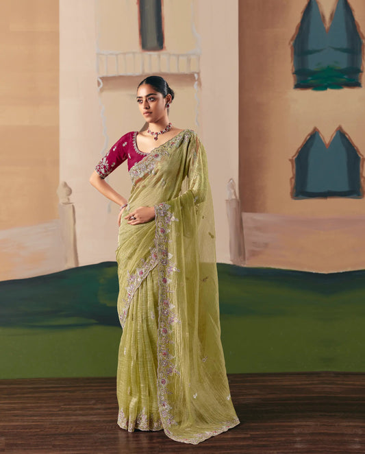 Parrot Green Fancy Embroidery & Stone Work Saree