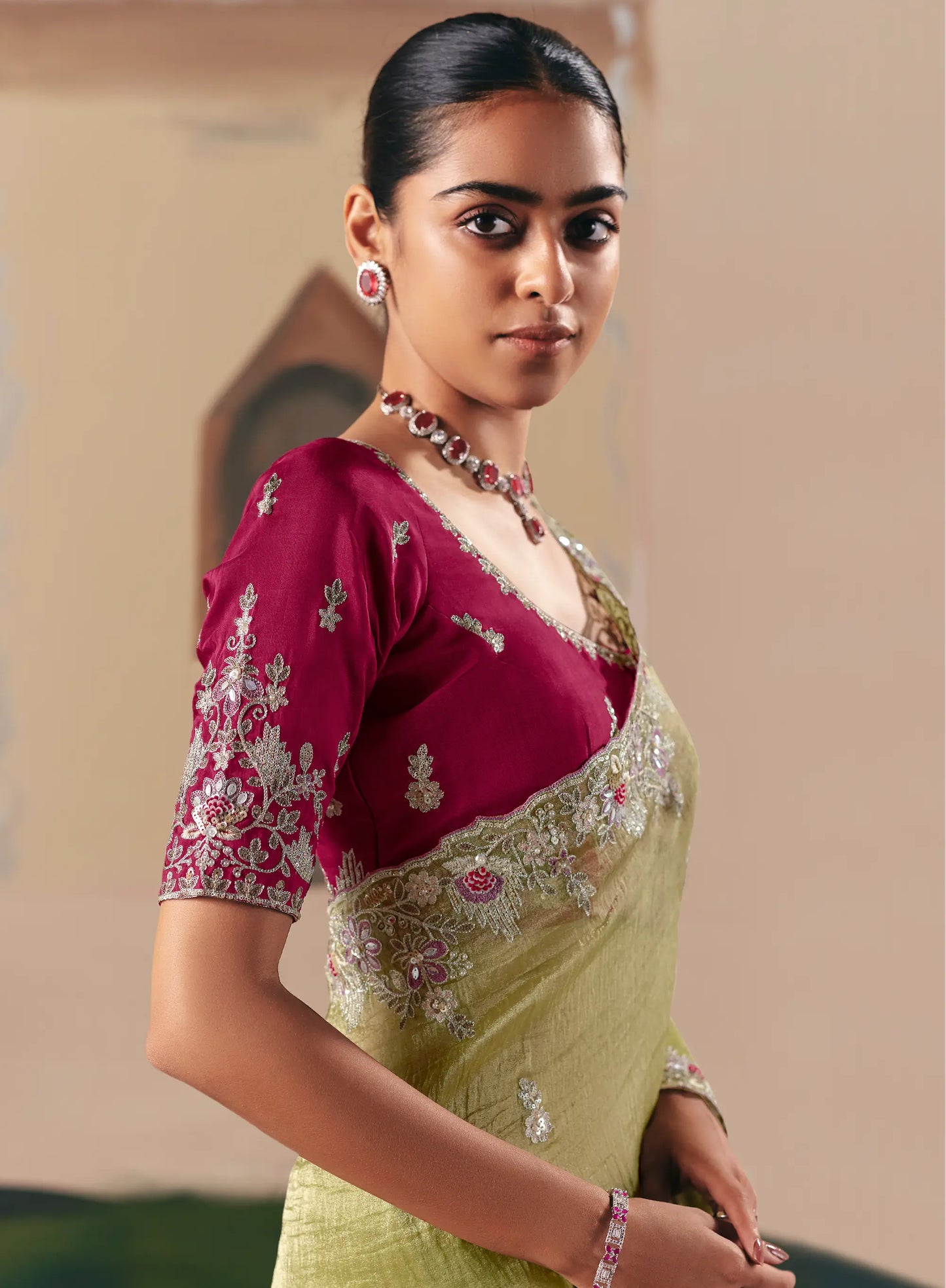 Parrot Green Fancy Embroidery & Stone Work Saree