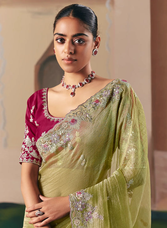 Parrot Green Fancy Embroidery & Stone Work Saree