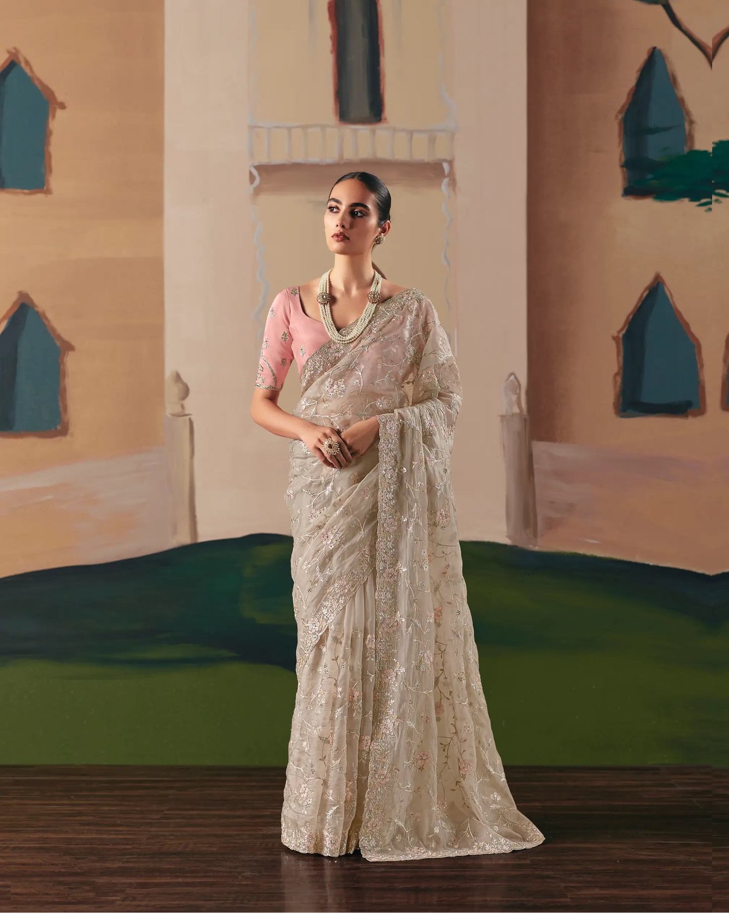 Dusty Grey Fancy Embroidery & Stone Work Saree