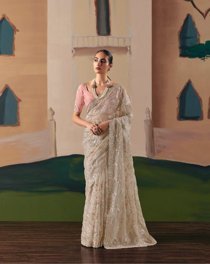 Dusty Grey Fancy Embroidery & Stone Work Saree