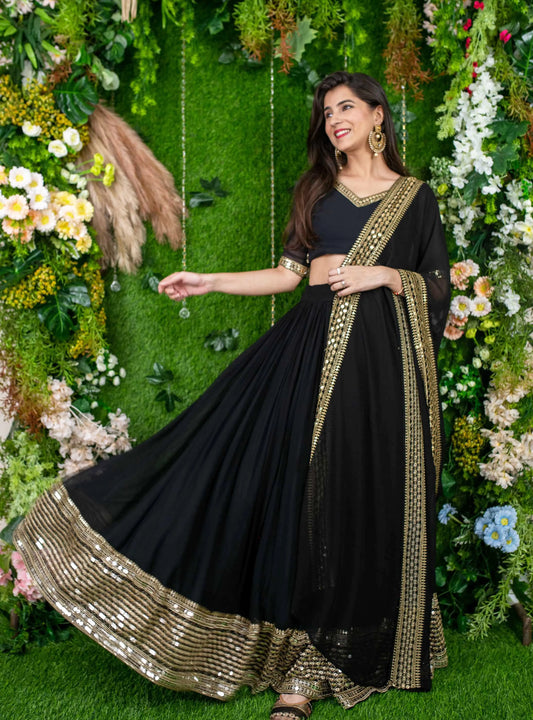 Black Georgette Lehenga With sequins And Zari Embroidered Work With  Dupatta