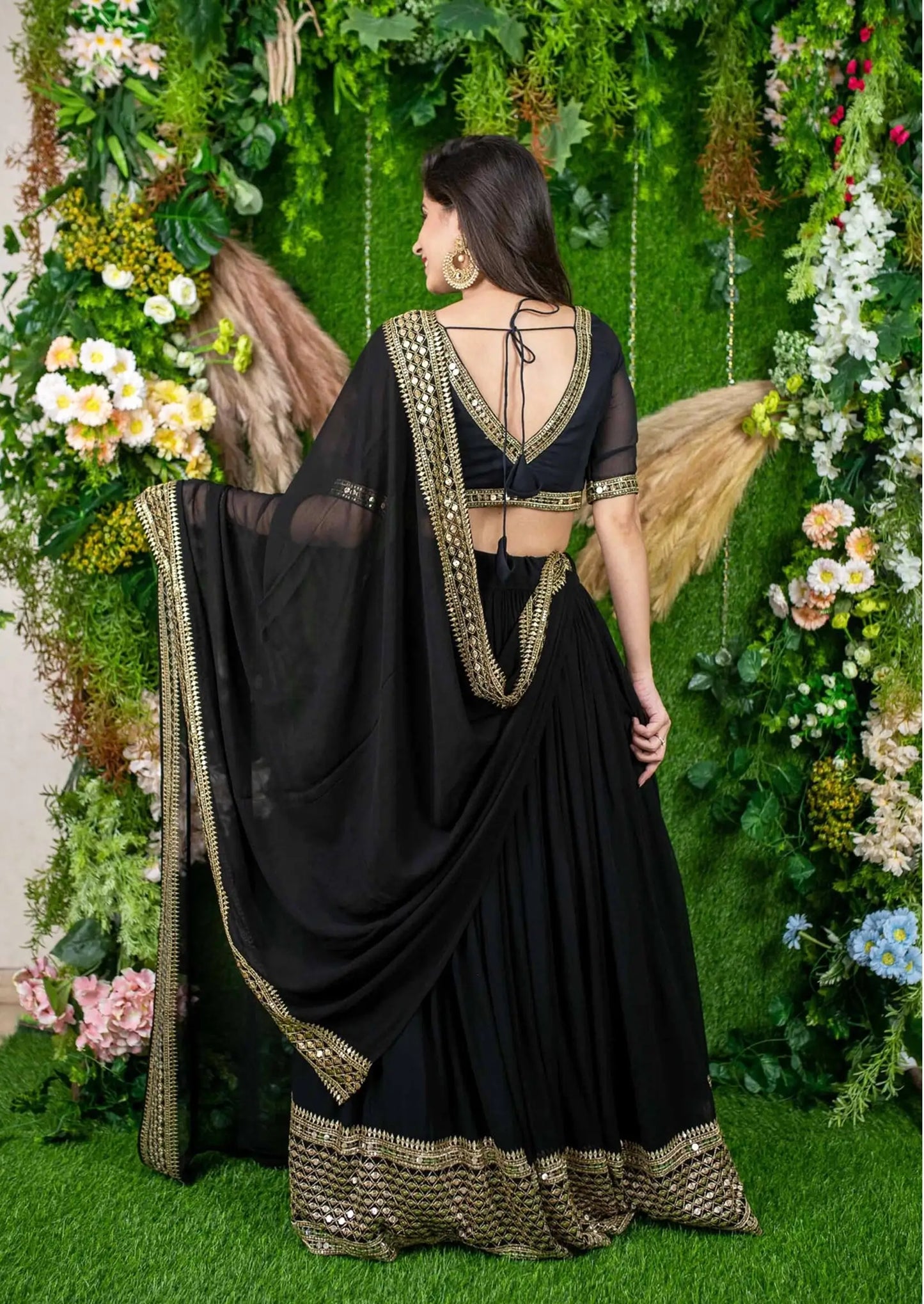 Black Georgette Lehenga With sequins And Zari Embroidered Work With  Dupatta