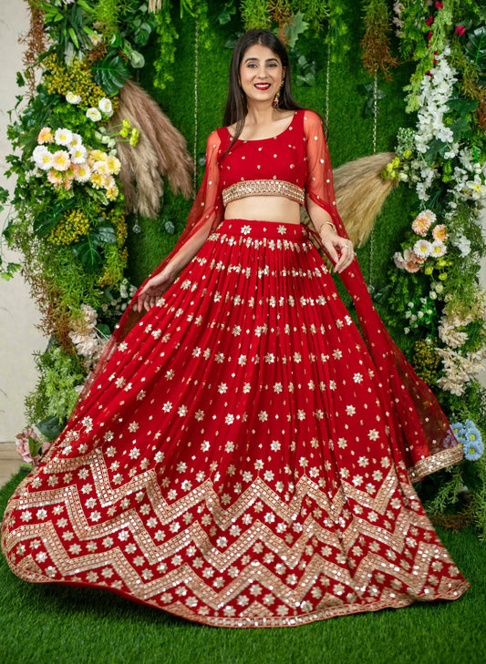 Red Georgette Lehenga With Sequins And Zari Embroidered Work