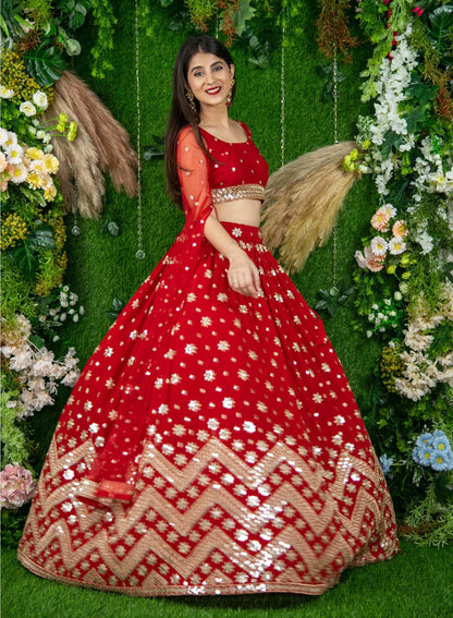 Red Georgette Lehenga With Sequins And Zari Embroidered Work