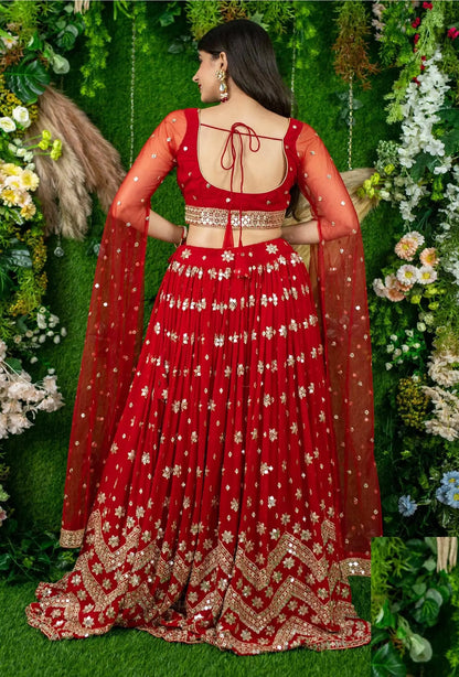 Red Georgette Lehenga With Sequins And Zari Embroidered Work
