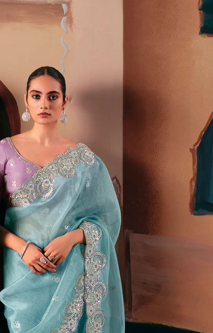Sky Blue Fancy Embroidery & Stone Work Saree