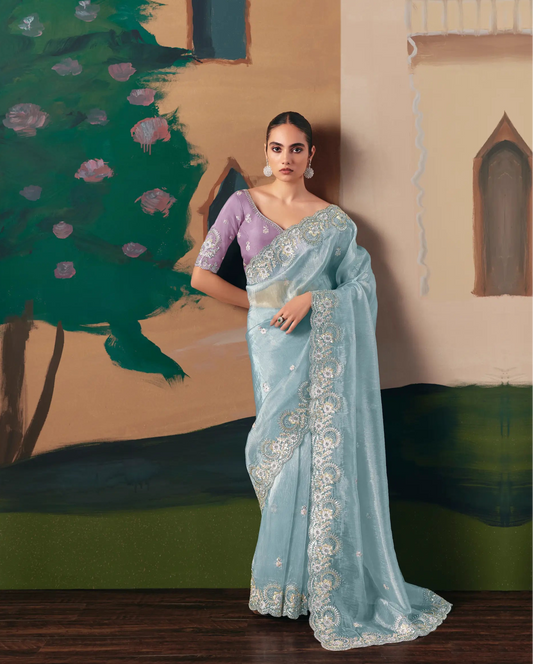 Sky Blue Fancy Embroidery & Stone Work Saree