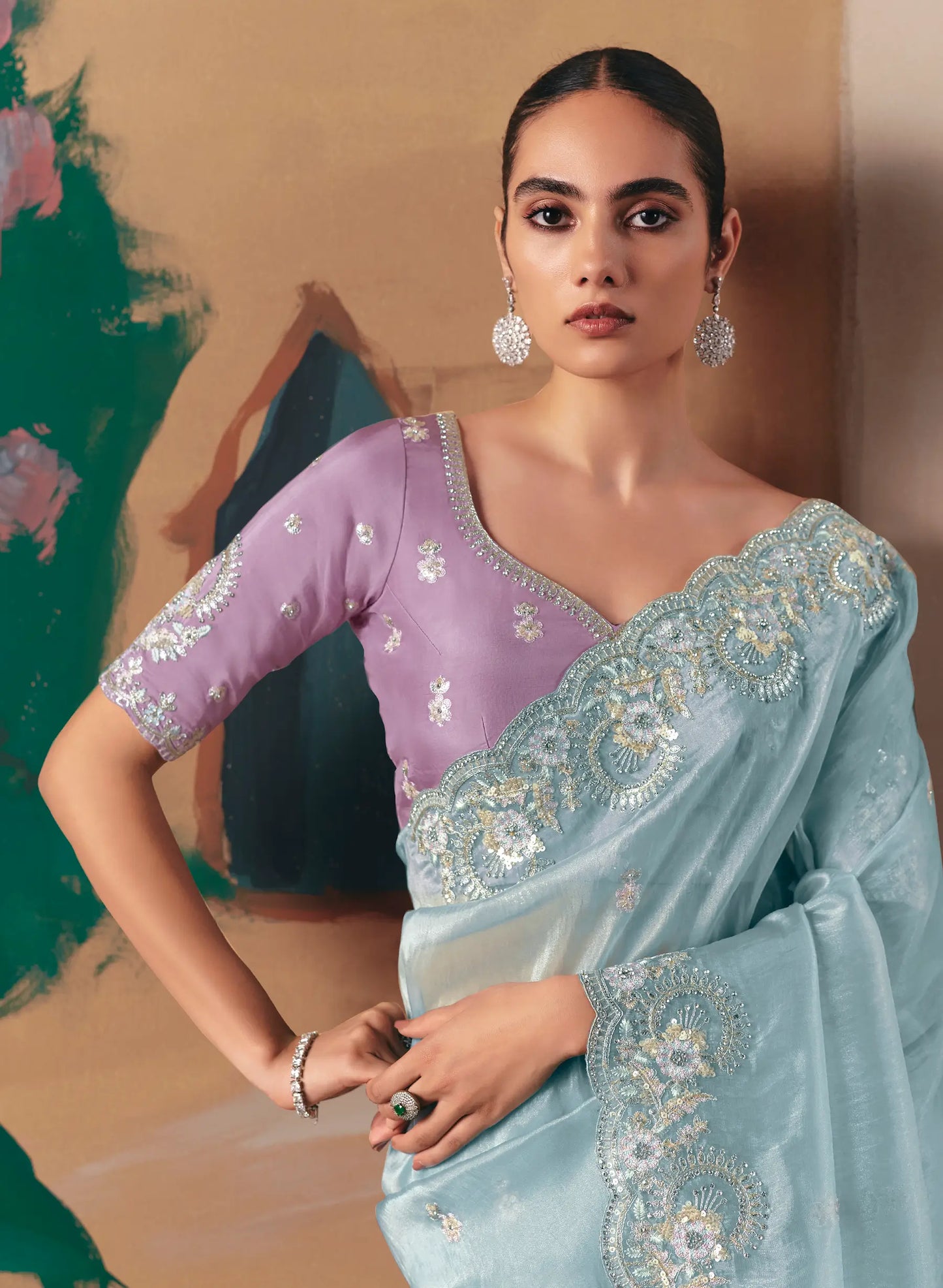 Sky Blue Fancy Embroidery & Stone Work Saree