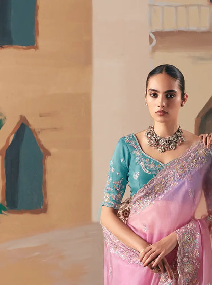 Rosy Pink Fancy Embroidery & Stone Work Saree