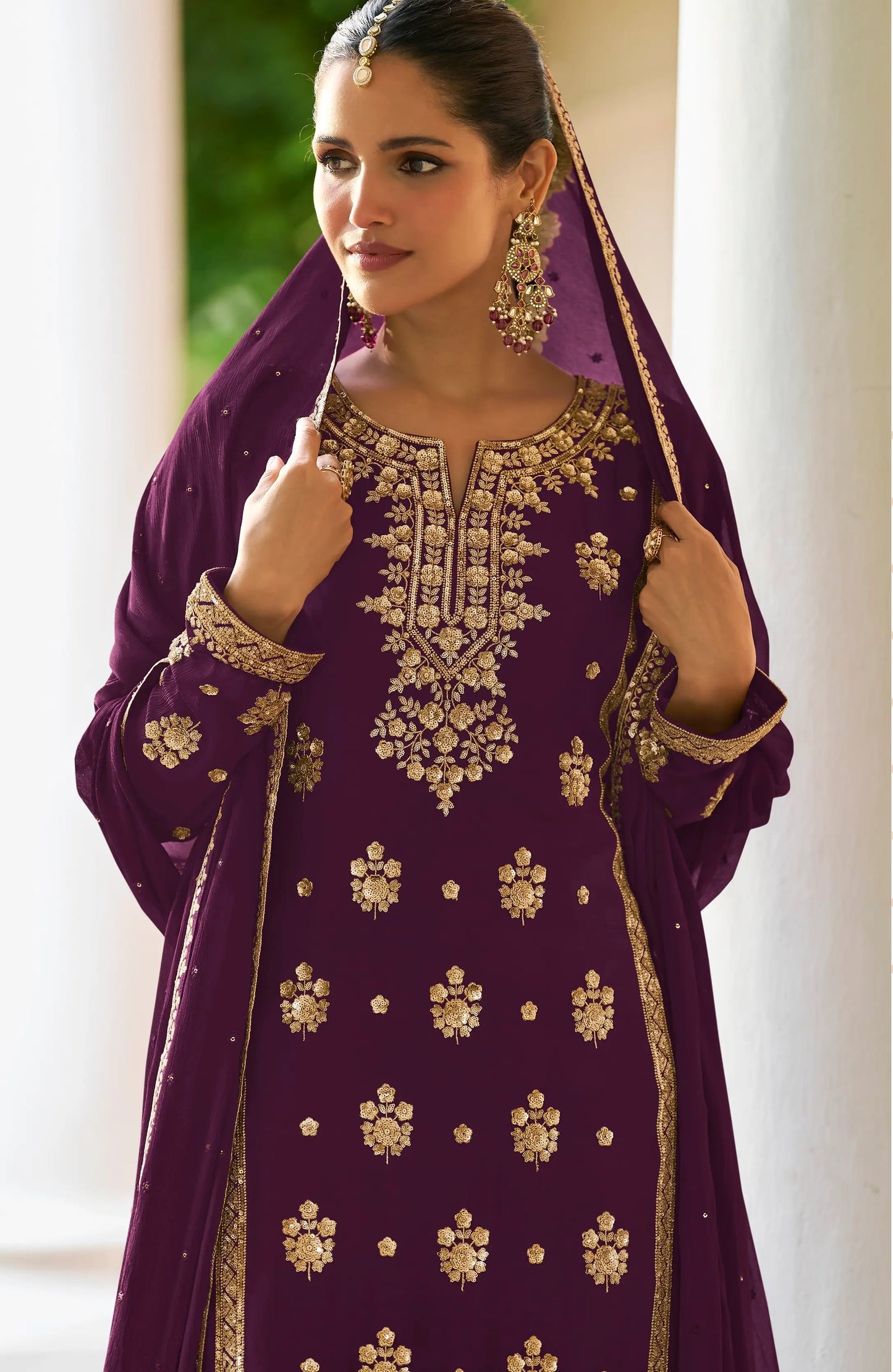 Wine Real Chinon Salwar Suit With Front & Back Embroidery Work