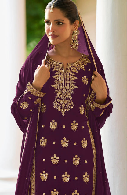 Wine Real Chinon Salwar Suit With Front & Back Embroidery Work