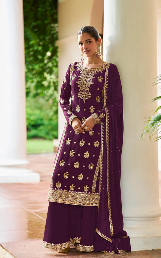 Wine Real Chinon Salwar Suit With Front & Back Embroidery Work