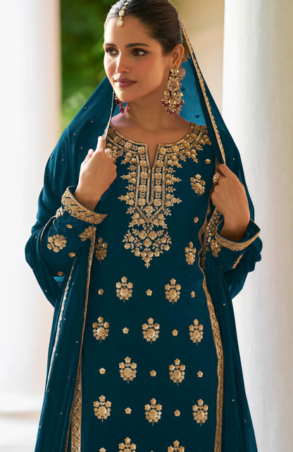 Teal Blue Real Chinon Salwar Suit With Front & Back Embroidery Work