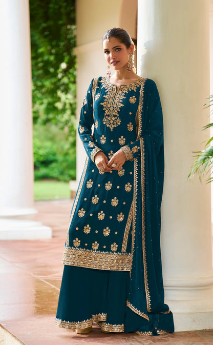 Teal Blue Real Chinon Salwar Suit With Front & Back Embroidery Work