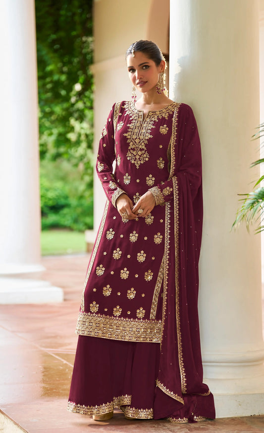 Maroon Real Chinon Salwar Suit With Front & Back Embroidery Work