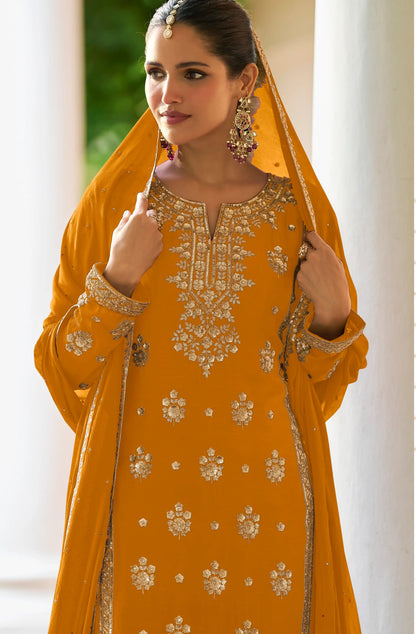 Fiery Orange Real Chinon Salwar Suit With Front & Back Embroidery Work