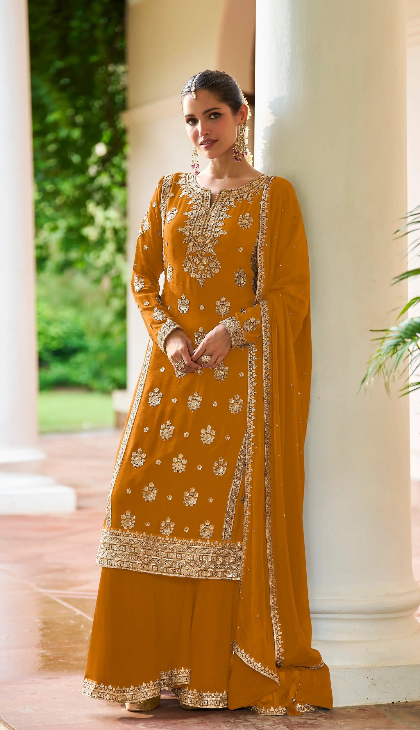 Fiery Orange Real Chinon Salwar Suit With Front & Back Embroidery Work