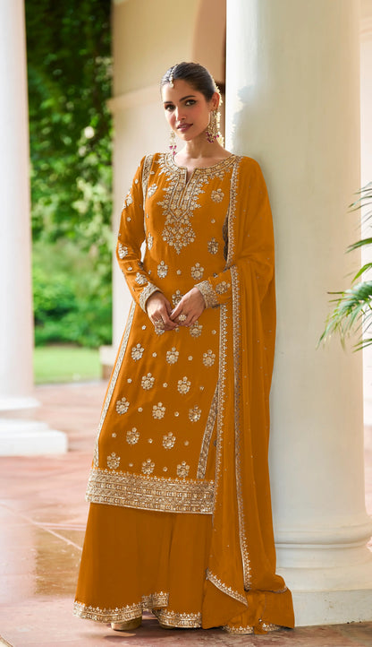 Fiery Orange Real Chinon Salwar Suit With Front & Back Embroidery Work