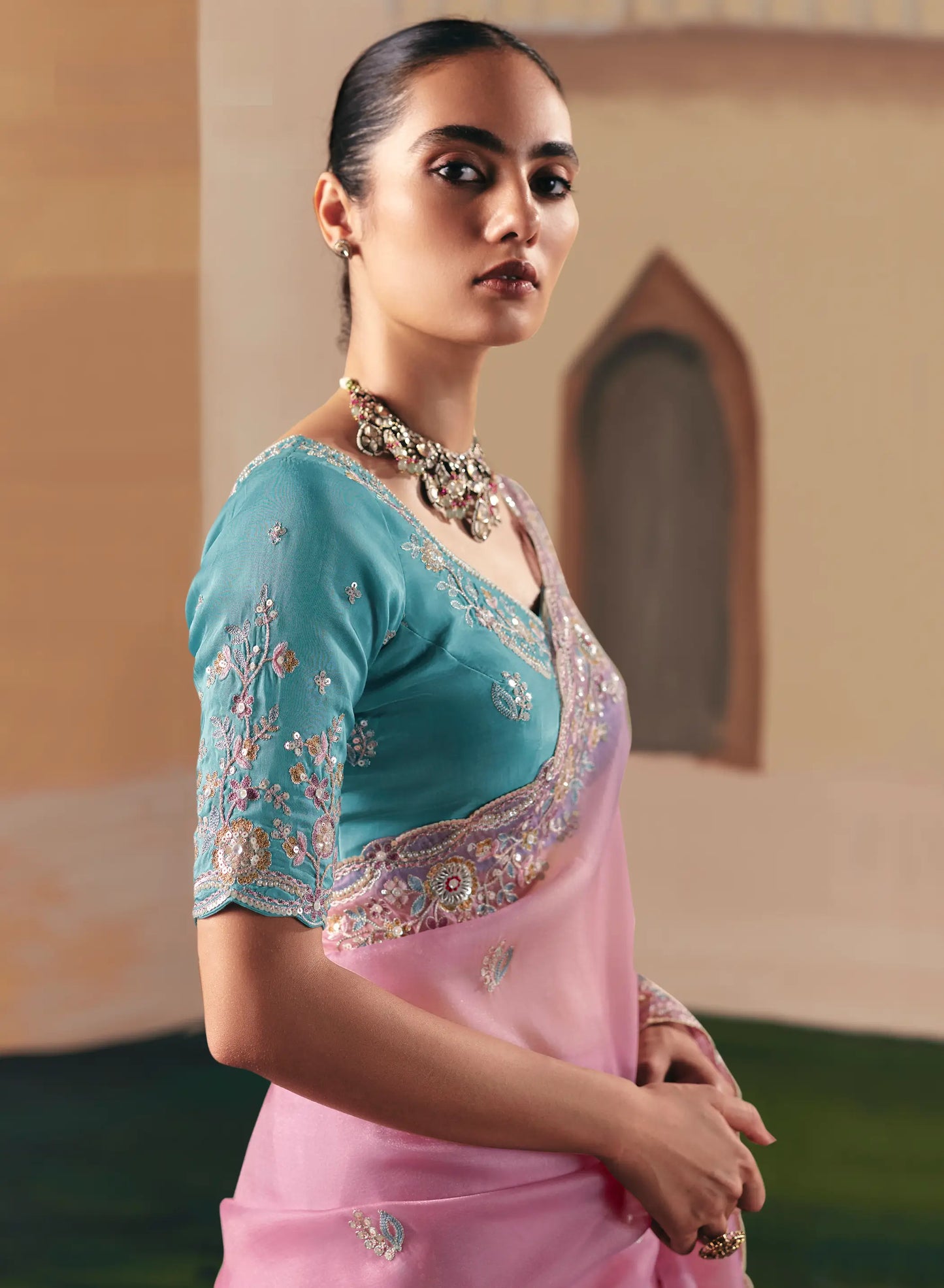 Rosy Pink Fancy Embroidery & Stone Work Saree