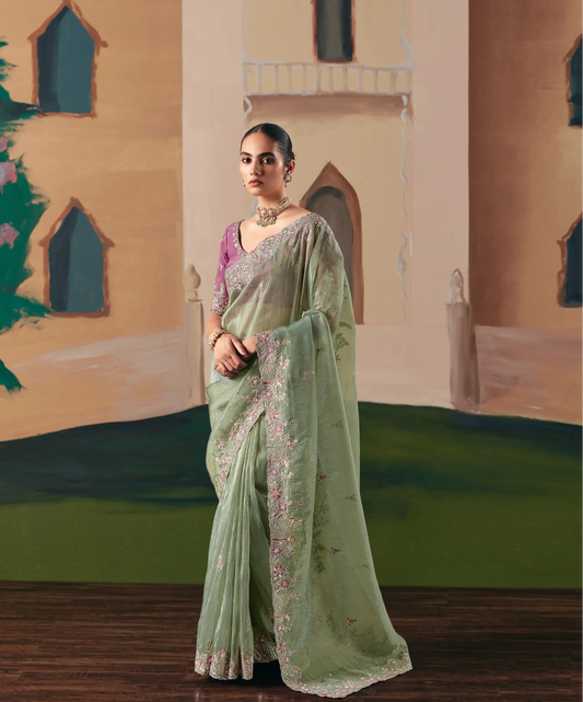 Sage Green Fancy Embroidery & Stone Work Saree