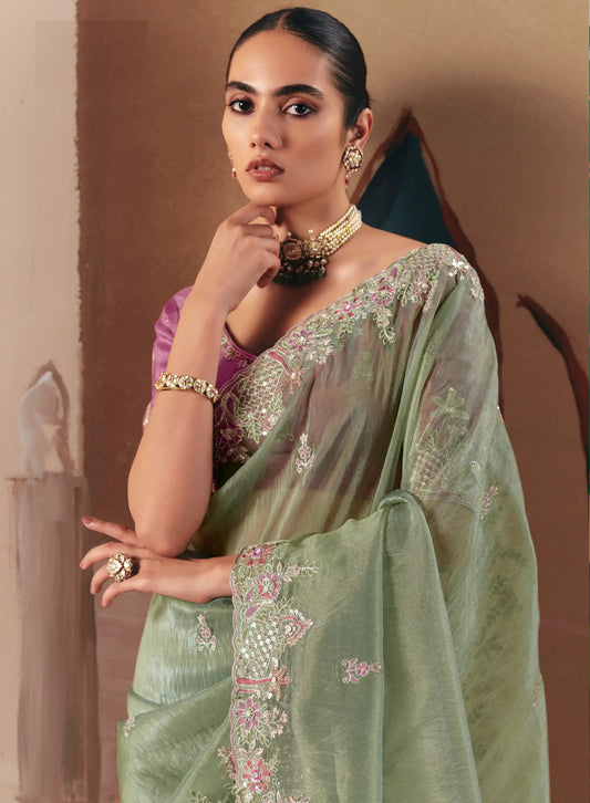 Sage Green Fancy Embroidery & Stone Work Saree