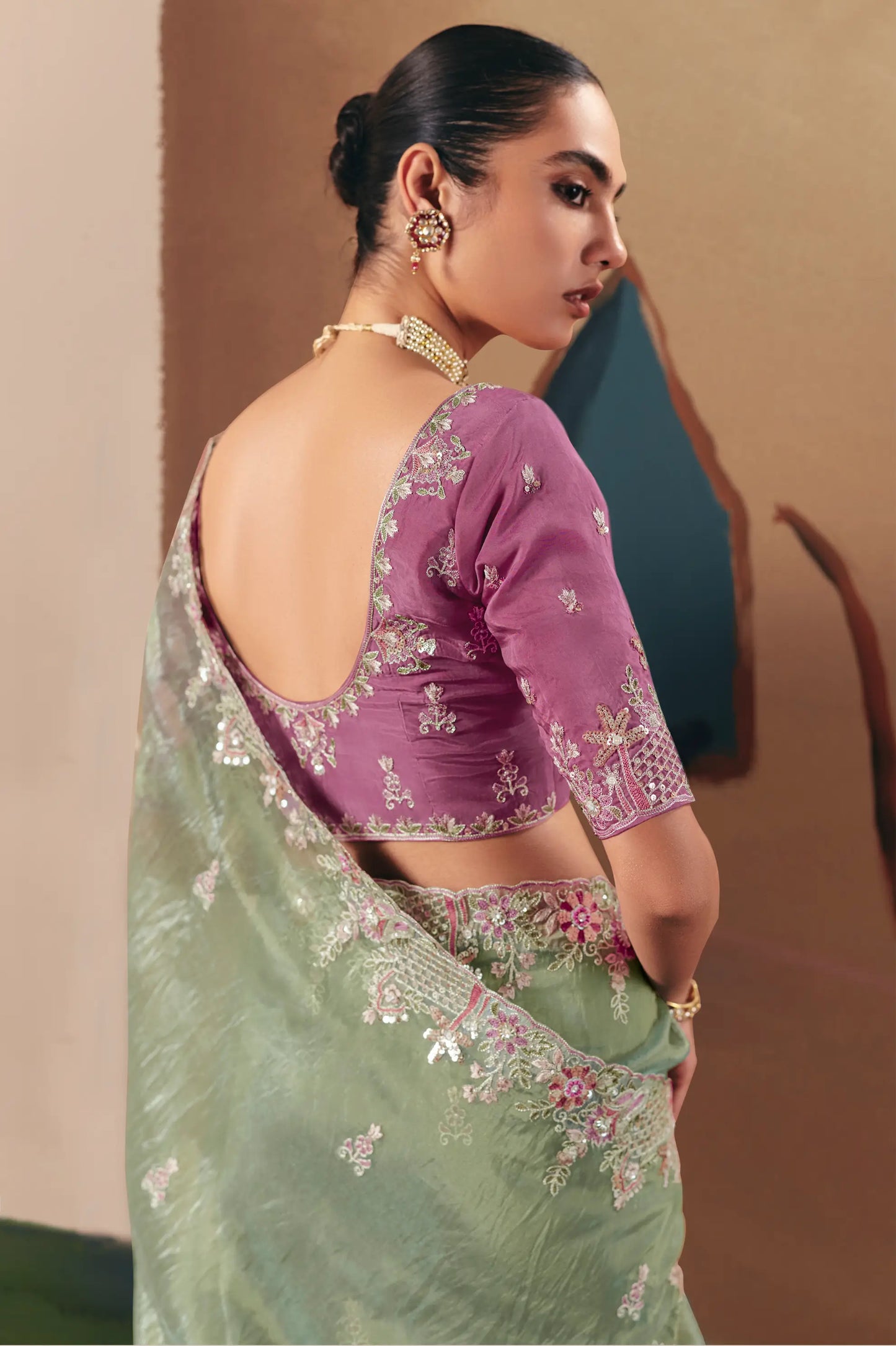 Sage Green Fancy Embroidery & Stone Work Saree