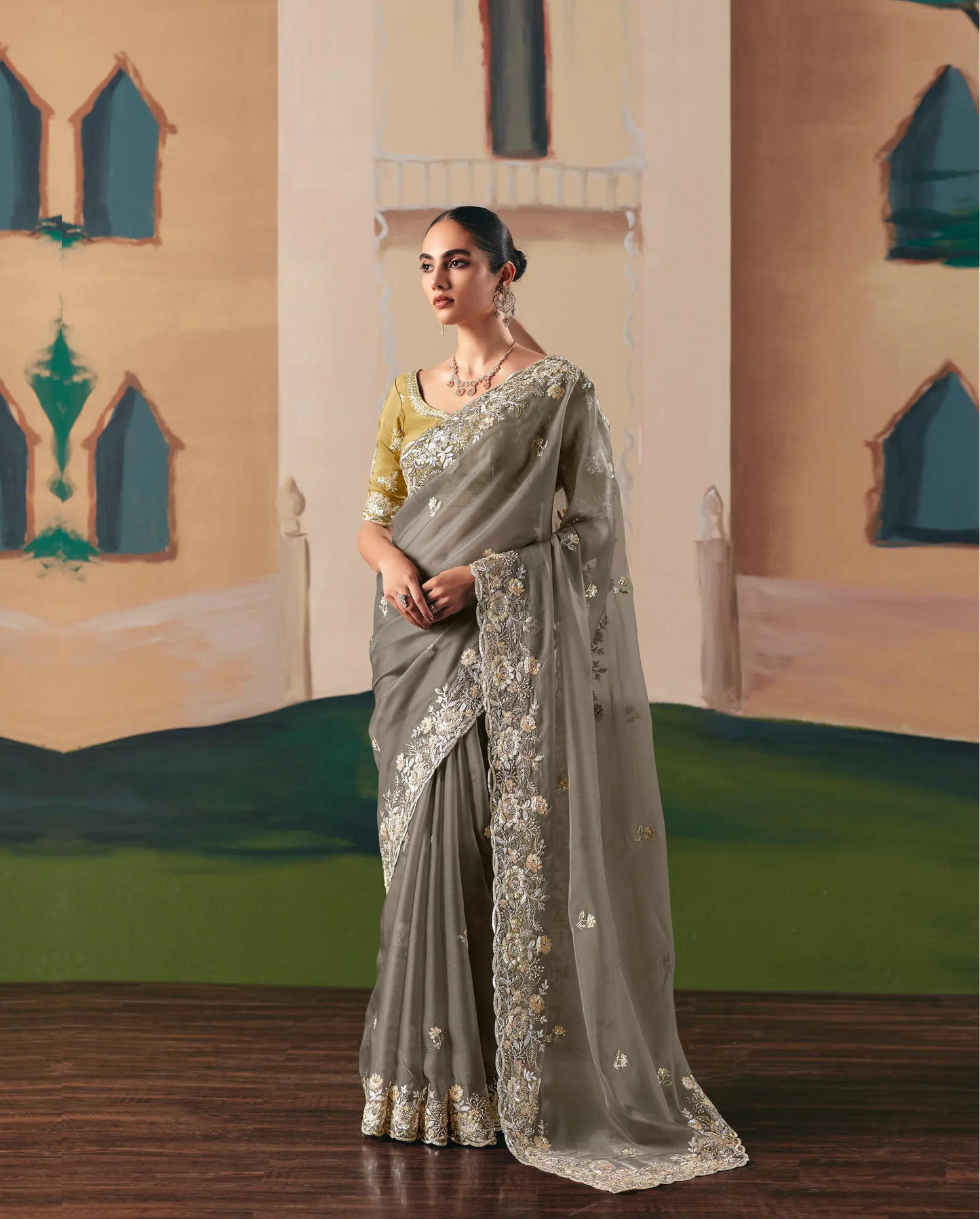 Dark Grey Fancy Embroidery & Stone Work Saree