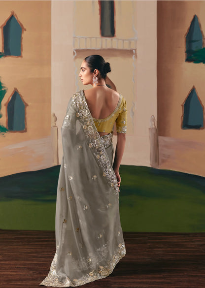 Dark Grey Fancy Embroidery & Stone Work Saree