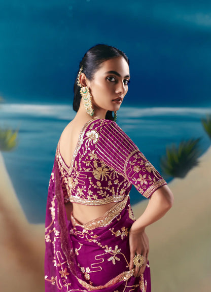 Grape Purple Satin Organza Heavy Embroidery Saree