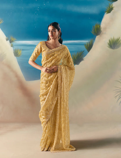 Butter Yellow Satin Organza Heavy Embroidery Saree