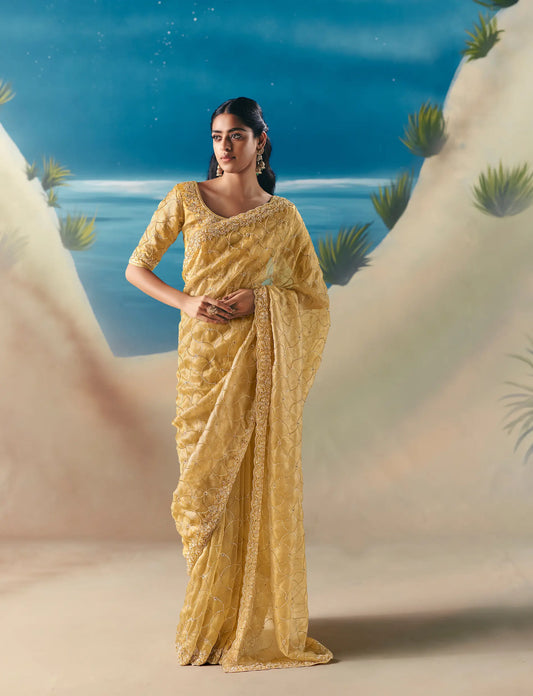 Butter Yellow Satin Organza Heavy Embroidery Saree