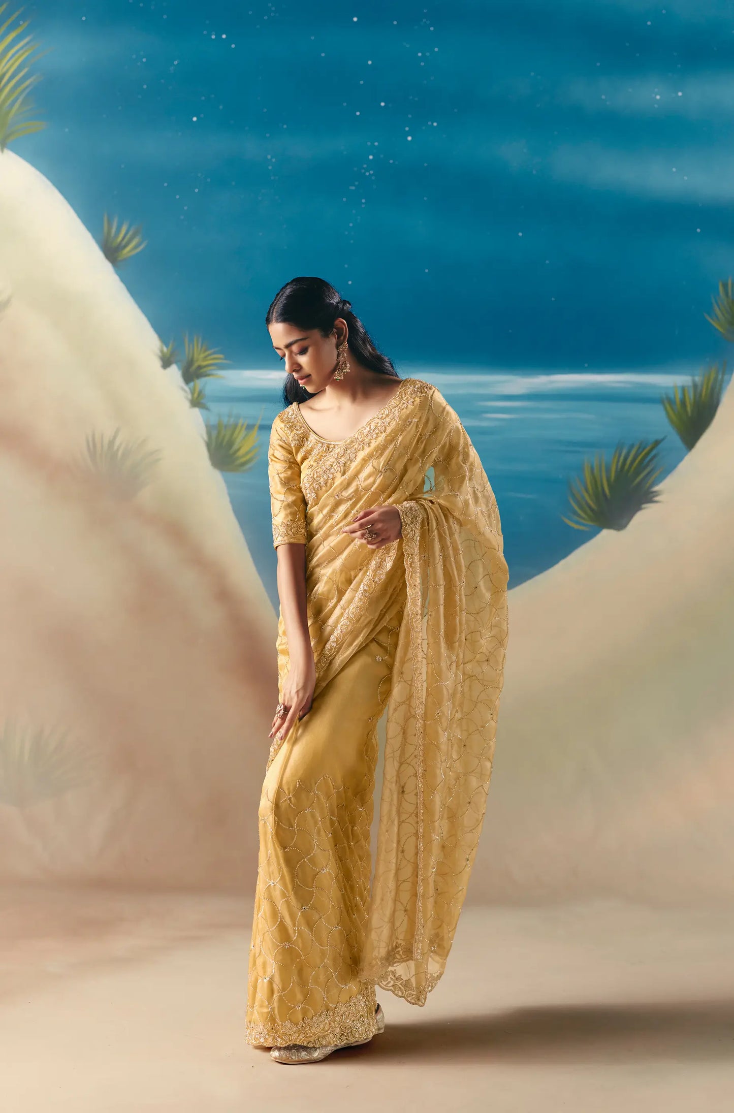 Butter Yellow Satin Organza Heavy Embroidery Saree