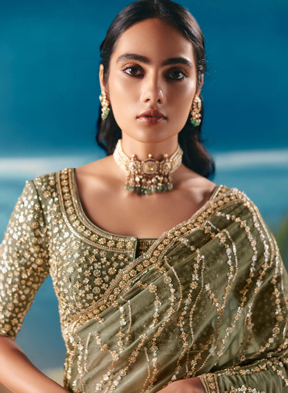 Olive Green Satin Organza Heavy Embroidery Saree